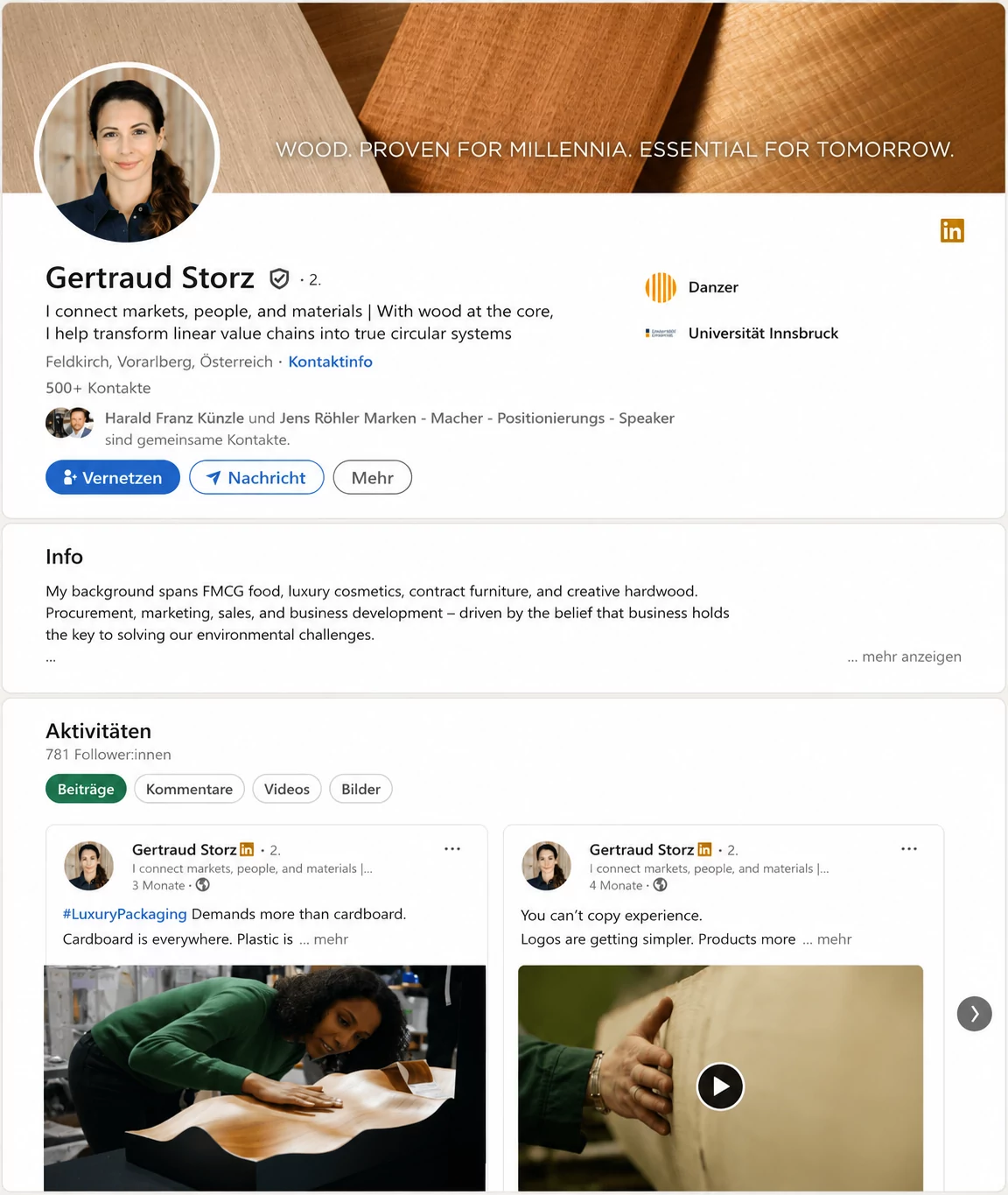 Profil-Outreach von Danzer mit dem LinkedIn-Profil von Gertraud Storz und ausgewählten Beiträgen