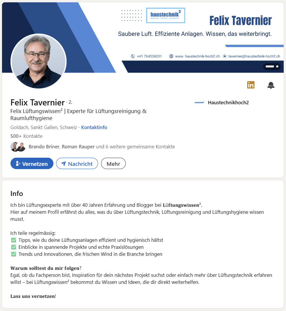 LinkedIn-Profil von Felix Tavernier mit Profilfoto, Banner von Haustechnikhoch2 und Beschreibung als Experte für Lüftungsreinigung und Raumlufthygiene.