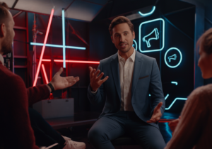 Ein Mann in einem blauen Anzug spricht gestikulierend in einer Gesprächsrunde mit zwei anderen Personen in einem modern beleuchteten Studio mit Neonlichtern und Megafon-Symbolen im Hintergrund.