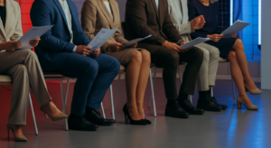 Eine Reihe von Bewerberinnen und Bewerbern in Businesskleidung sitzt nebeneinander auf Stühlen, hält Bewerbungsunterlagen in den Händen; der Fokus liegt auf ihren Beinen und Kleidungsstilen.