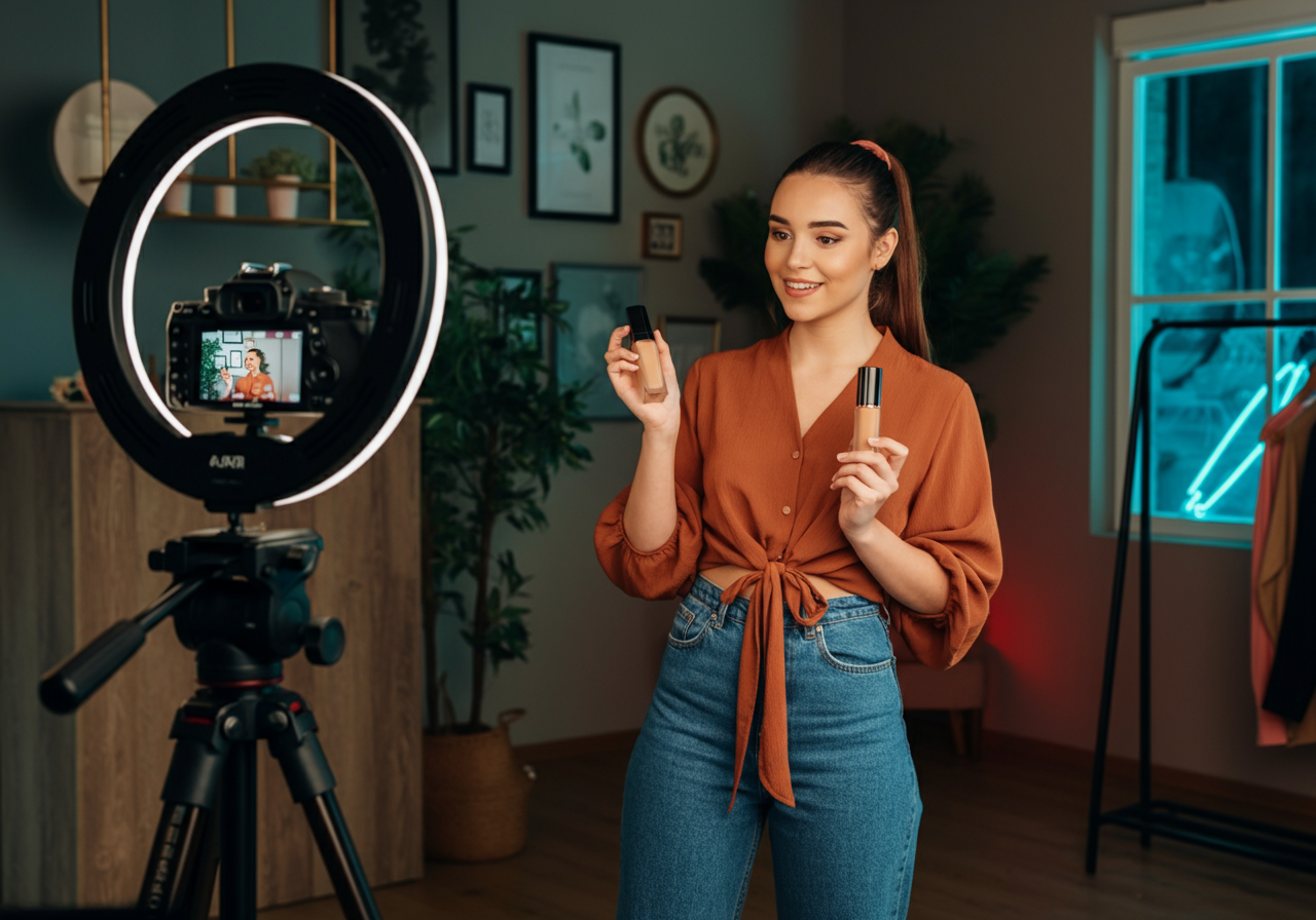 Eine junge Influencerin steht vor einer Kamera mit Ringlicht in einem gemütlich eingerichteten Raum und präsentiert zwei Produkte, während sie ein Video aufnimmt – ein typisches Setting für Content Creation.