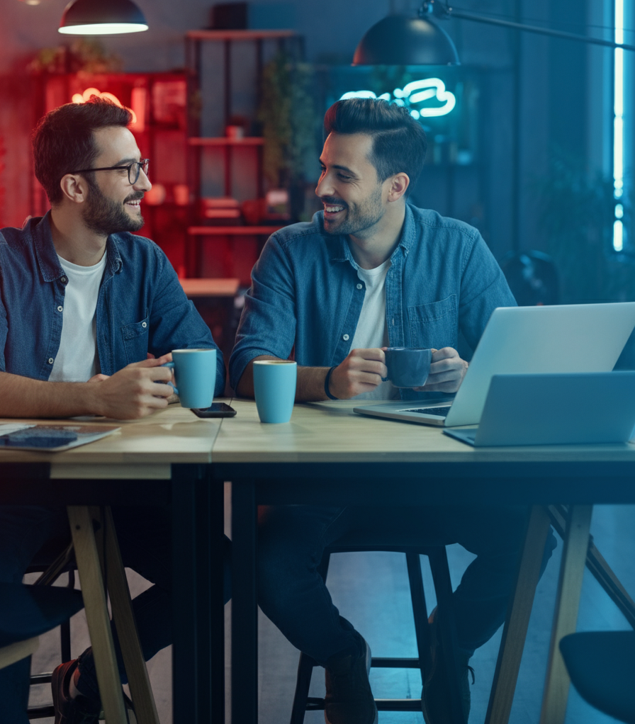 Zwei Männer sitzen an einem Holztisch in einem modern eingerichteten Raum. Beide tragen Jeanshemden und halten Kaffeetassen in der Hand. Auf dem Tisch stehen weitere Tassen, ein Smartphone, ein Notizbuch und ein aufgeklappter Laptop. Im Hintergrund sind Bücherregale, Pflanzen und Hängelampen zu sehen.