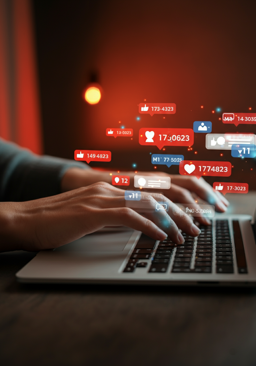 Hände tippen auf einer Laptop-Tastatur, während zahlreiche schwebende Symbole für Likes, Kommentare und Follower in Rot und Blau eine digitale Flut an Social-Media-Interaktionen darstellen.