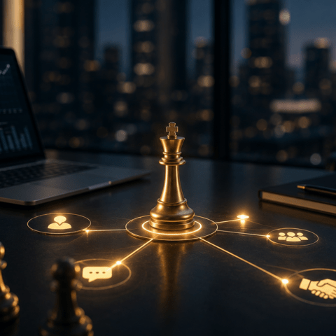 ADYX Schachfigur Goldene Schachfigur auf einem Schreibtisch mit vernetzten Symbolen für Strategie, Kommunikation und qualifizierte B2B Gespräche.