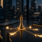 Goldene Schachfigur auf einem Schreibtisch mit vernetzten Symbolen für Strategie, Kommunikation und qualifizierte B2B Gespräche.