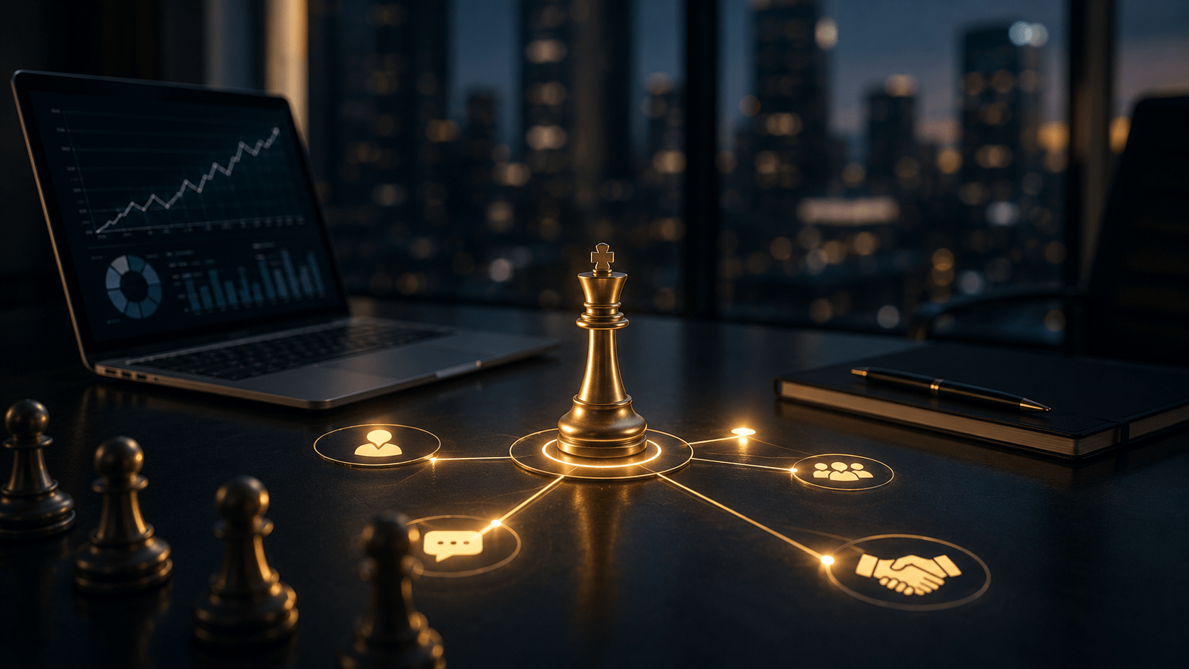 Goldene Schachfigur auf einem Schreibtisch mit vernetzten Symbolen für Strategie, Kommunikation und qualifizierte B2B Gespräche.
