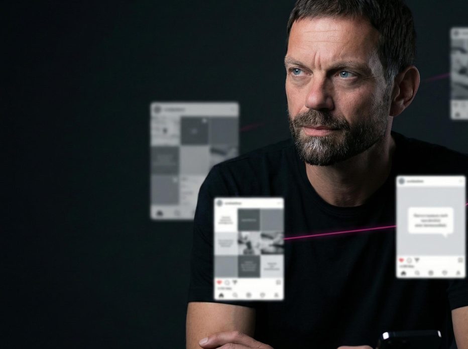 Foto von Josip, der ein schwarzes T-Shirt trägt und ein Smartphone in der Hand hält. Er schaut konzentriert zur Seite, während um ihn herum grafisch dargestellte Social-Media-Beiträge und digitale Inhalte eingeblendet sind. Die schwebenden Elemente symbolisieren Social-Media-Feeds, Beiträge und Online-Kommunikation. Der dunkle Hintergrund und die digitalen Overlays vermitteln den Eindruck von Analyse, Strategie und digitalem Marketing.