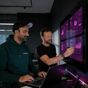 Sascha (mit Kappe und grünem Hoodie) arbeitet an einem Laptop, während Josip (schwarzes T-Shirt) auf ein großes Display mit mehreren Daten-Dashboards zeigt. Auf dem Bildschirm sind Diagramme, Kennzahlen und Auswertungen in einer modernen Benutzeroberfläche zu sehen. Die Szene zeigt eine gemeinsame Analyse von Daten oder Marketing- bzw. Geschäftszahlen in einem modernen Arbeitsumfeld.