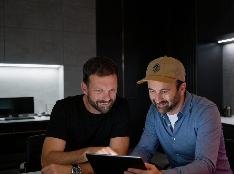Foto von zwei Männern, die gemeinsam an einem Tisch sitzen und auf ein Tablet schauen. Links sitzt Josip, der ein schwarzes T-Shirt trägt. Rechts neben ihm sitzt Sascha, der ein blaues Hemd und eine Kappe trägt. Beide lächeln und wirken konzentriert, während sie gemeinsam etwas auf dem Bildschirm betrachten. Die Szene spielt in einem modern gestalteten Büro mit dunklen Wänden und indirekter Beleuchtung im Hintergrund.